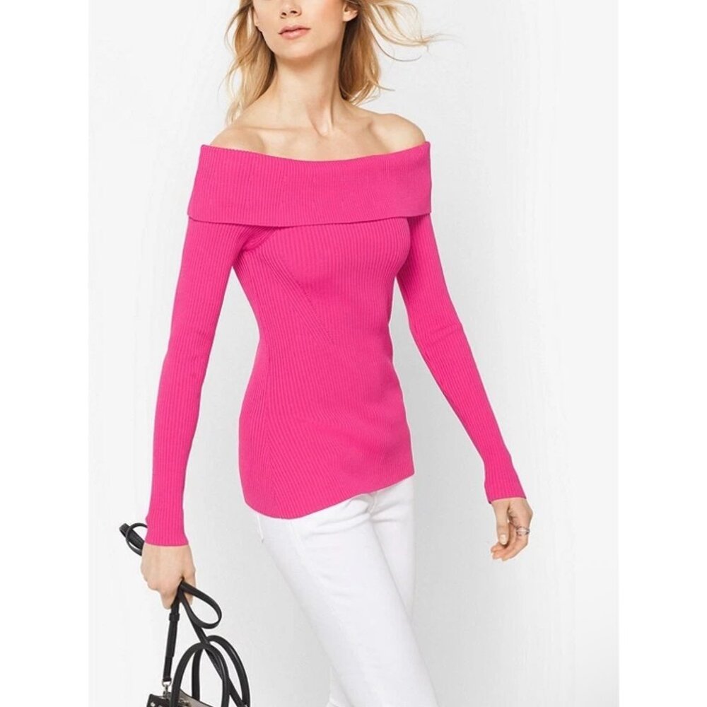 Michael Kors Ribbed Off the Shoulder Top Electric Pink‎ Size S Knit Sweater